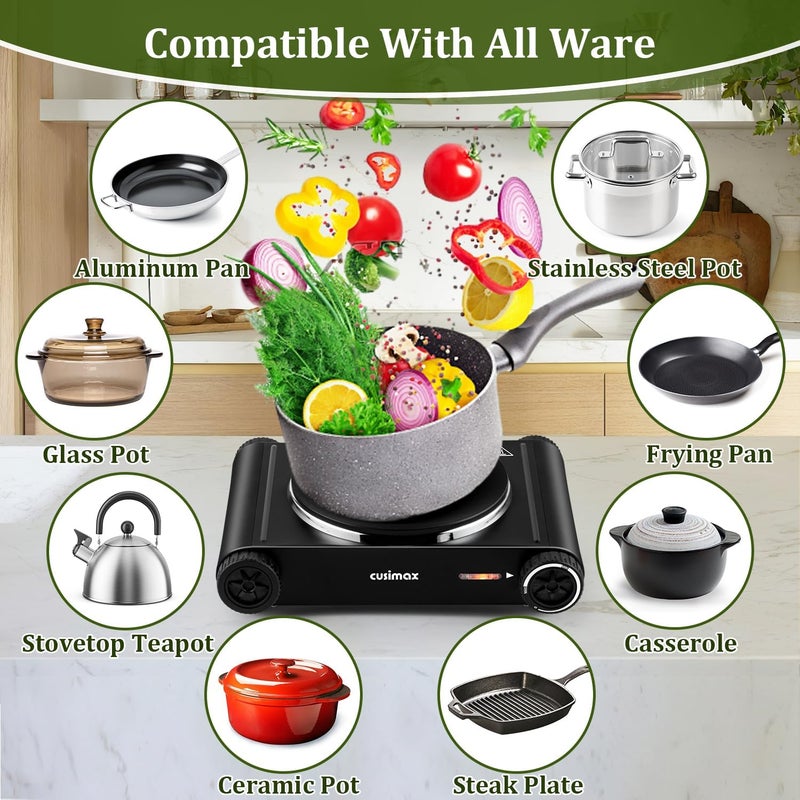 CUSIMAX Hot Plate,1500W Hot Plate Electric with 7.4″Cast Iron Countertop Single Burner,Electric Stove Top Burner for Cooking,Temperature Controls,Black - Image 4